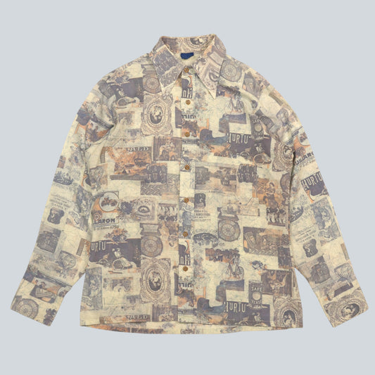 70s Sears Jeans Joint "All-over Advertising Print Shirt" / Made in USA