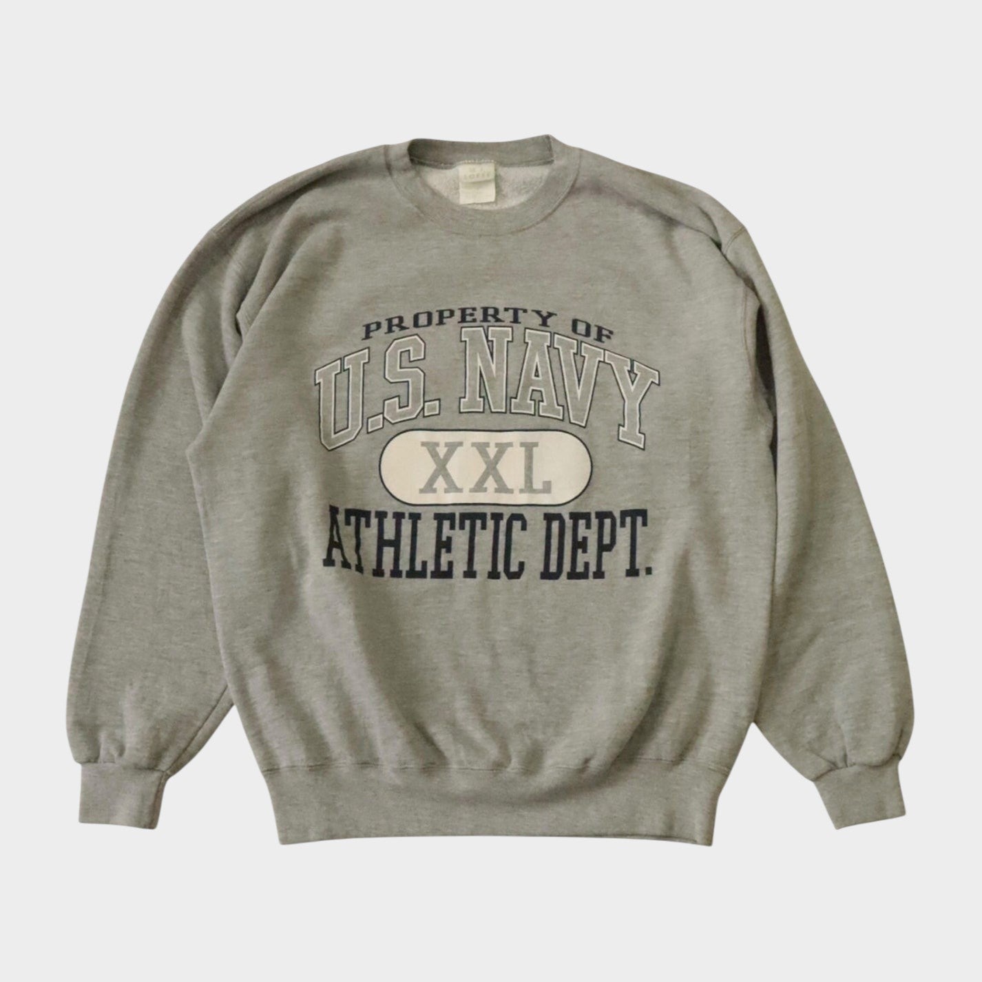 Part Three grey 90s U.S. Navy Athletic Dept. sweatshirt with XXL graphic. Made in USA.