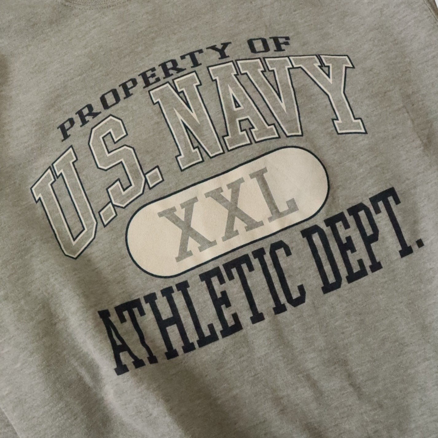 Part Three grey 90s US Navy Athletic Dept. sweatshirt with XXL size detail. Made in USA.